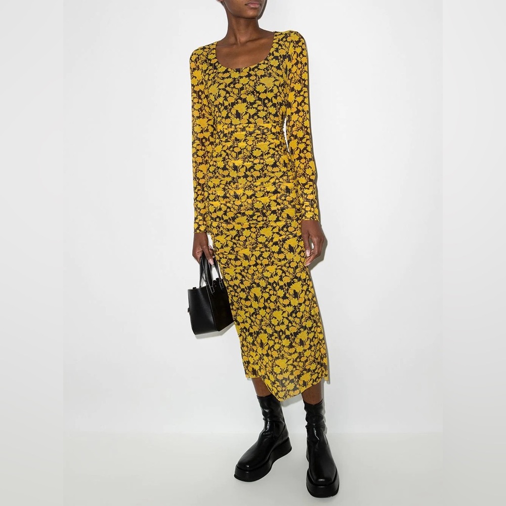 GANNI | FLORAL PRINT LONG-SLEEVE MIDI DRESS IN BLACK AND YELLOW
